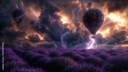 Colorful hot air balloons soaring over a lavender field under a dramatic stormy sky with lightning