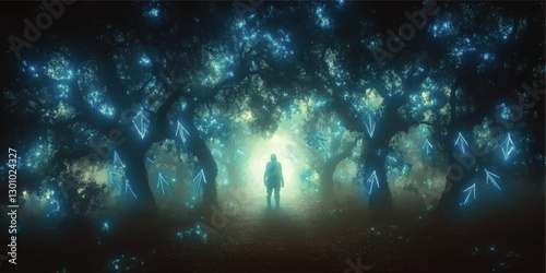 Magical Forest Path with Glowing Trees and Mysterious Figure Surrounded by Ethereal Blue Lights in a Mystical Fantasy Landscape Vector Illustration