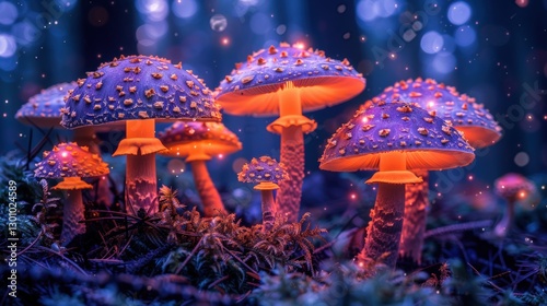 Bioluminescent mushrooms glowing in a mystical forest, surrounded by soft light and ethereal atmosphere