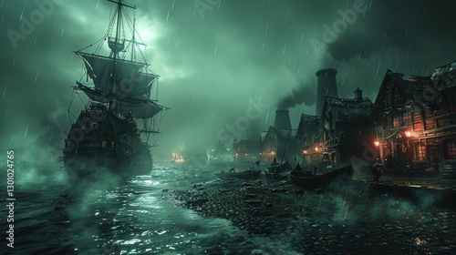 Dark and stormy harbor scene with a ship, illuminated buildings, and ominous clouds at night