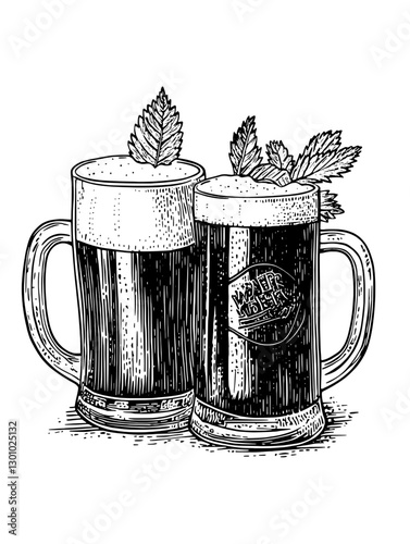 Engraved illustration of two frosty mugs of dark and light beer with mint leaves for product design