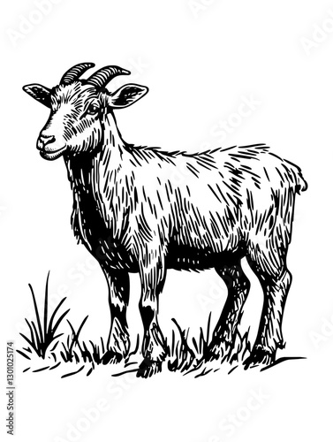 Engraved vector illustration of a goat standing on grass for product design and creative projects