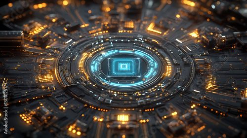 Sci-Fi Style Circular Device with Blue and Gold Light Effects