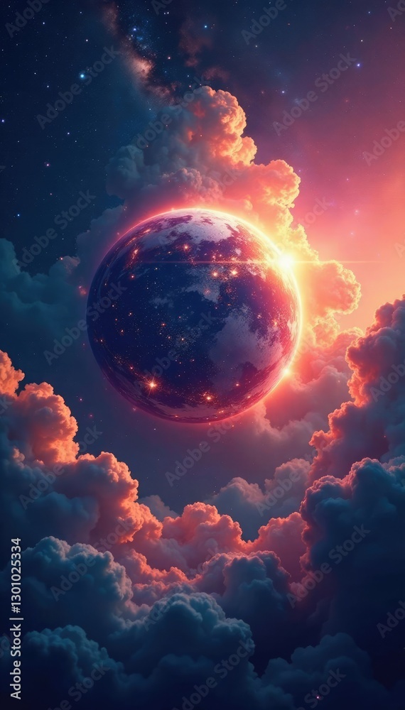Swirling stardust clouds engulf a glowing planet, clouds, universe, galaxies Swirling stardust clouds engulf a glowing planet, clouds, universe, galaxies