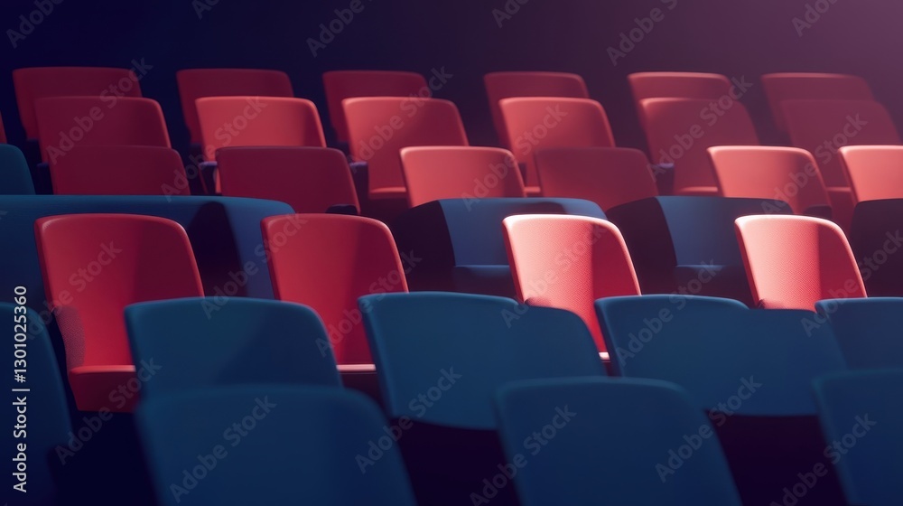 Obraz premium Rows of red and blue theater seats are illuminated slightly