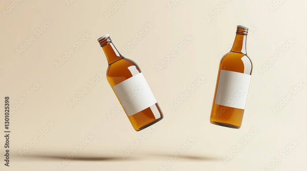 Two bottles of brown shampoo floating in the air, with a white blank label on each bottle, against a simple background Two bottles of brown shampoo floating in the air, with a white blank label on each bottle, against a simple background