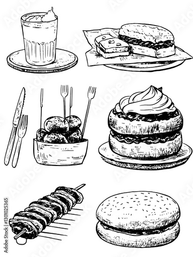 Vector engraved illustration showcasing a variety of delicious food items for product design