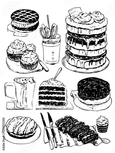 Delicious desserts including cakes, cookies, and cupcakes arranged on plates in a decorative style