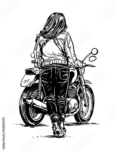 Woman walking towards vintage motorcycle in urban setting, showcasing timeless passion for riding and adventure