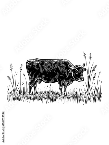 Vector engraved illustration of a black cow grazing in grass, ideal for product design