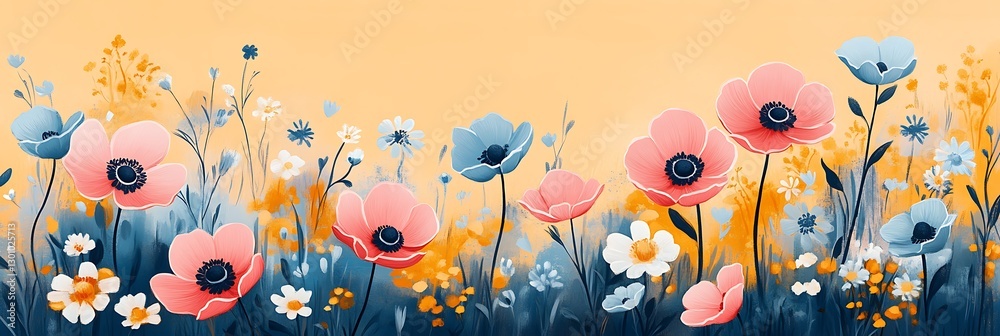 Floral Bloom: A vibrant illustration showcases an array of stylized flowers, bursting with colors. The delicate petals and varied hues create a visually appealing and decorative design. Floral Bloom: A vibrant illustration showcases an array of stylized flowers, bursting with colors. The delicate petals and varied hues create a visually appealing and decorative design.