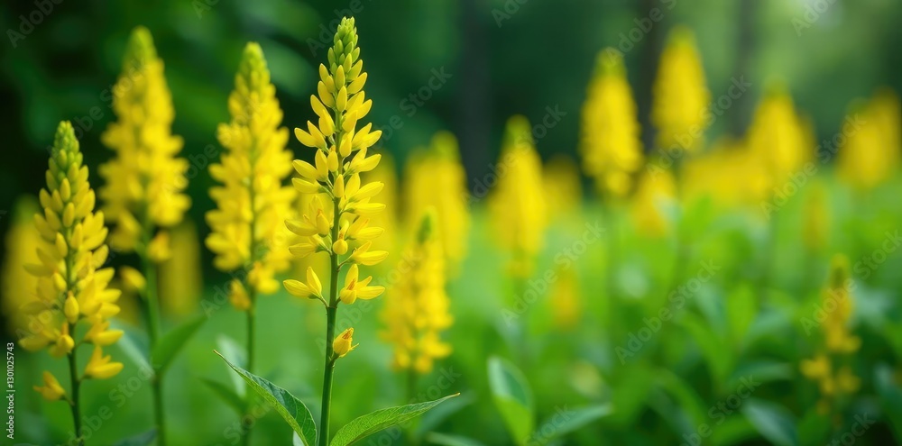 Obraz premium Tall stems of golden yellow flowers amidst leafy greenery, native plant, solidago, goldenrod