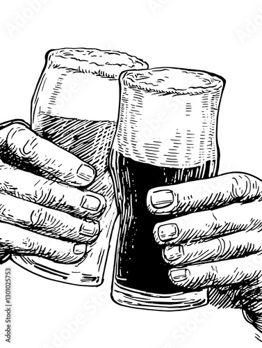 Engraved vector illustration of two hands toasting with beer glasses in celebration