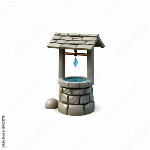A decorative stone well has a roof and a teardrop charm photo