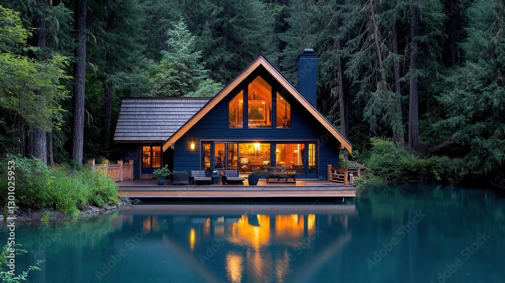 Fototapeta premium Charming Lakeside Cabin Surrounded by Lush Green Forest