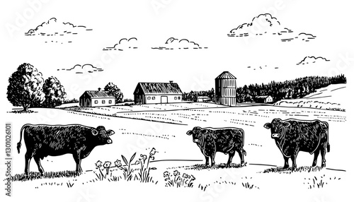 Engraved vector illustration of a tranquil rural farm with grazing cows under a cloudy sky