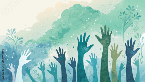 Gentle pastel watercolor background in blues and greens, symbolizing unity and harmony with soft silhouettes of diverse hands reaching out, copy space