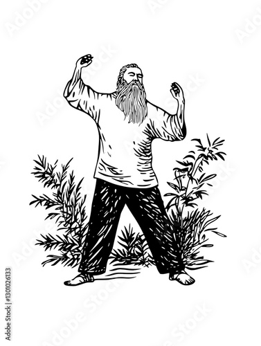 Vector engraved illustration depicting a bearded man practicing tai chi among lush greenery during a serene outdoor setting