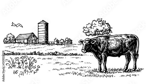 Engraved illustration featuring a cow in a rural landscape with a barn and silo amidst a pasture