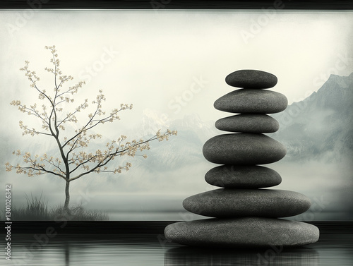 Zen Harmony: A serene balanced stone tower on the tranquil water with a scenic backdrop and a tree, the perfect harmony of peace and meditation.