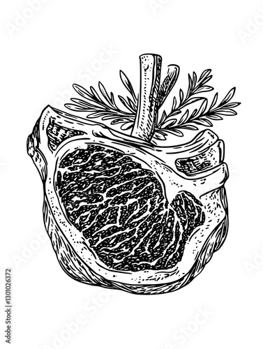 Detailed vector engraved illustration of a meat cut with herbs for culinary product design