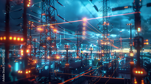 A detailed view of a futuristic energy grid with glowing power lines and transformers in