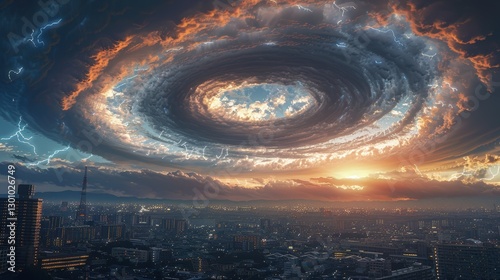 Dramatic sunset over a bustling cityscape with swirling clouds and lightning illuminating the sky