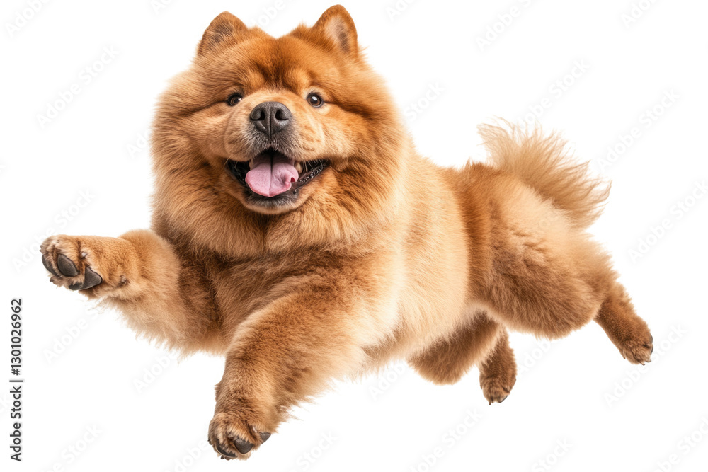 Chow Chow dog joyfully jumping in a playful manner against a bright white background