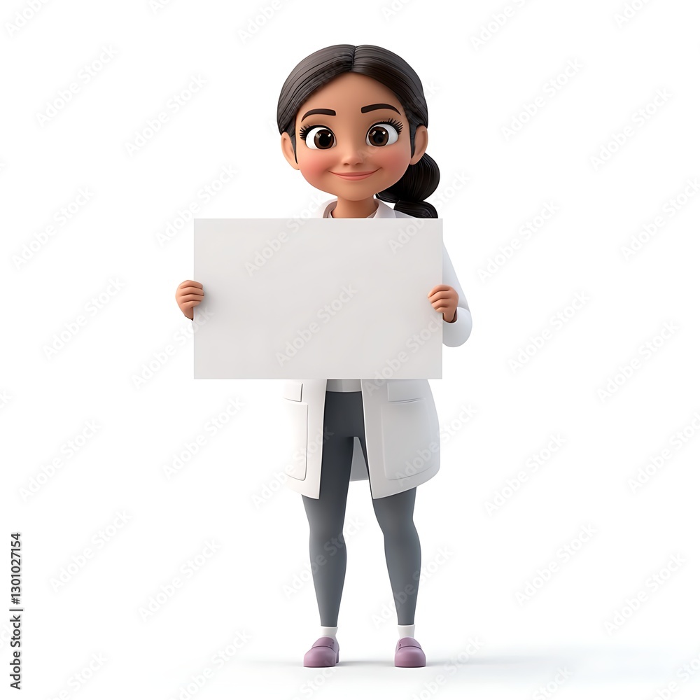 Doctor Holding Blank Sign: A friendly female doctor figure, holds a blank sign, ready to convey a message or advertisement. Doctor Holding Blank Sign: A friendly female doctor figure, holds a blank sign, ready to convey a message or advertisement.