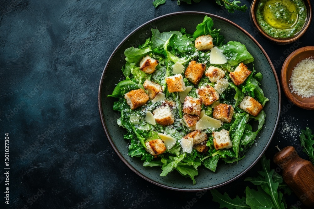 Fresh caesar salad with croutons and dressing on gray surface. AI image Fresh caesar salad with croutons and dressing on gray surface. AI image