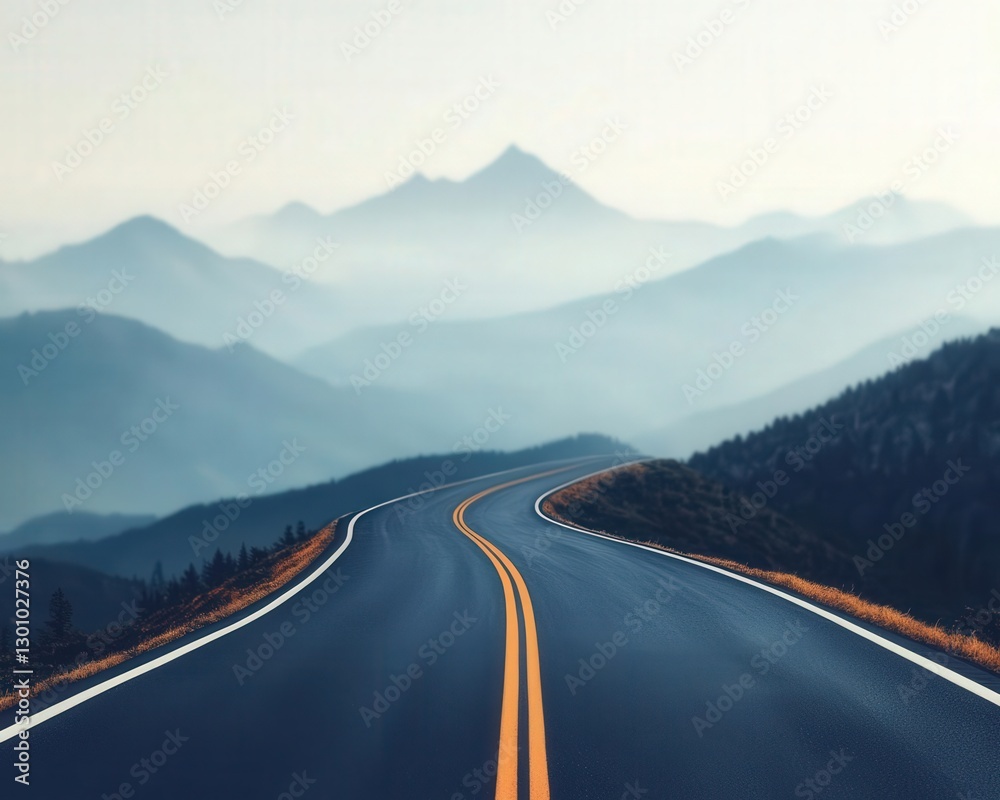Naklejka premium Traveling Country Road Concept, Winding road through misty mountains