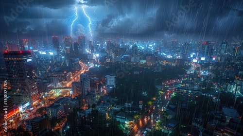 Dramatic thunderstorm over a vibrant cityscape at night, illuminating skyscrapers and streets