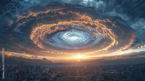 Dramatic swirling cloud formation over a city skyline during sunset with lightning in the background