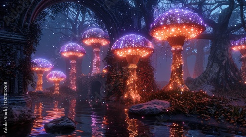 Enchanted forest scene featuring glowing mushrooms by a serene waterway under a twilight sky