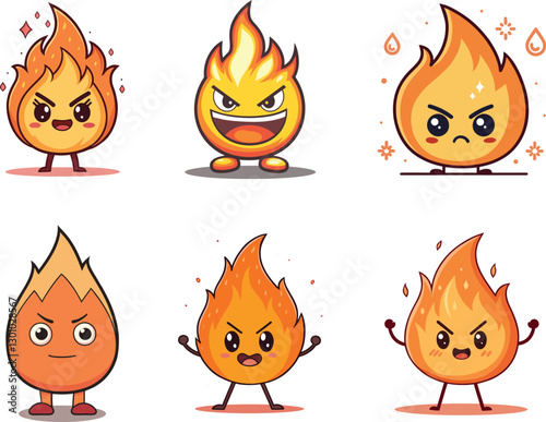 Set of Cute Kawaii cartoon fire emoji character. Funny fire mascot clipart design. Playful blazing flame vector illustration. Angry or happy flame character. Chibi fire character fun and playful flame