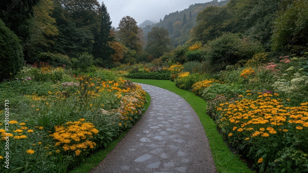 Obraz premium Rainy Day Garden Path with Yellow and Orange Flowers