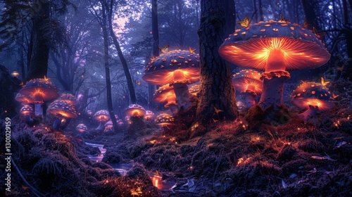 Enchanted forest scene with glowing mushrooms and butterflies illuminating a misty pathway at dusk