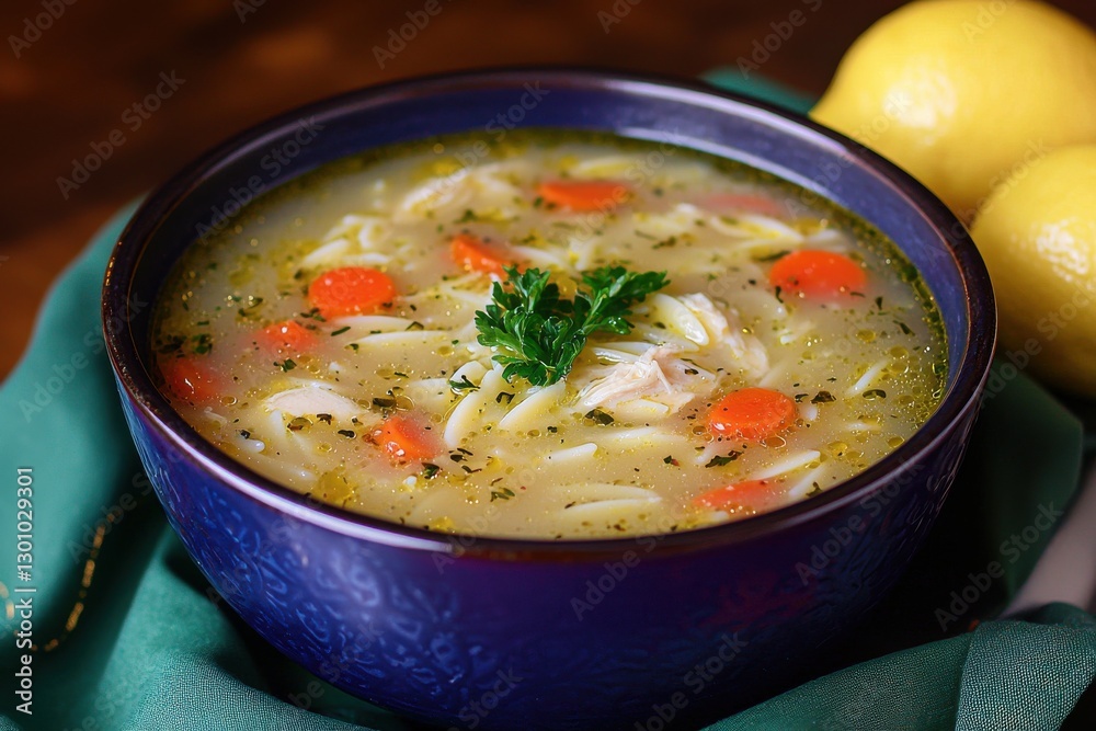 A comforting bowl of Avgolemono soup with tender chicken, orzo pasta, and bright lemon, garnished with fresh parsley, placed on a dark background with lemons. A comforting bowl of Avgolemono soup with tender chicken, orzo pasta, and bright lemon, garnished with fresh parsley, placed on a dark background with lemons.