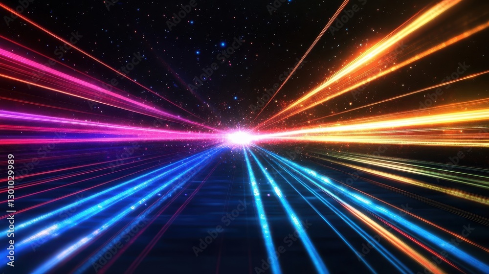 Abstract colorful light streaks converging towards a bright central point Abstract colorful light streaks converging towards a bright central point