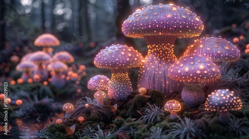 Enchanted forest scene with luminous mushrooms illuminating a serene woodland landscape at dusk