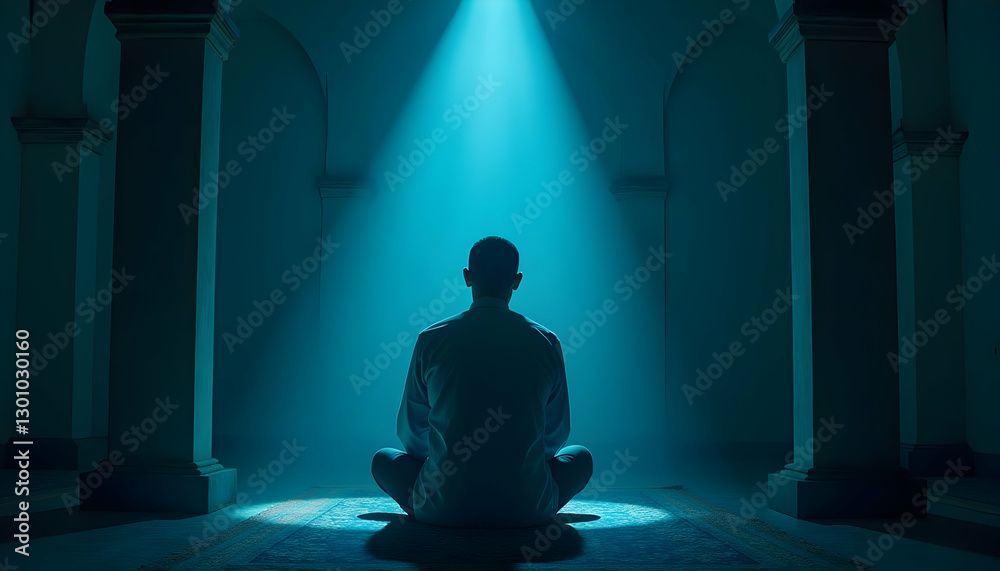 A person meditating under a bright shaft of light in darkness A person meditating under a bright shaft of light in darkness