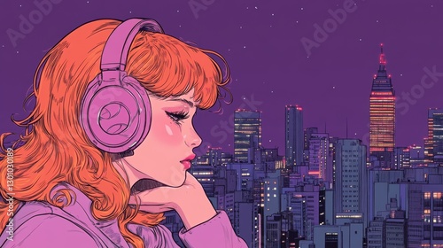 Vibrant urban portrait of a woman with headphones against a colorful city skyline at sunset, showcasing modern lifestyle and music culture, copy space for text

