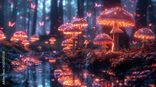 Enchanted forest scene with glowing mushrooms and butterflies reflecting in a serene stream