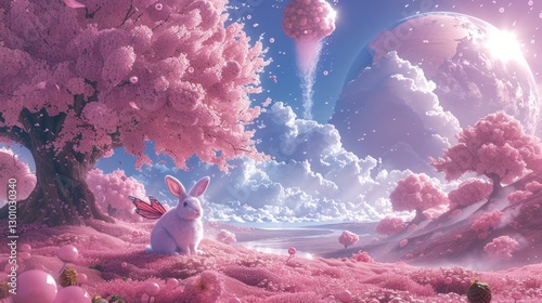 Enchanted pastel landscape featuring a whimsical bunny amidst pink trees and floating planets