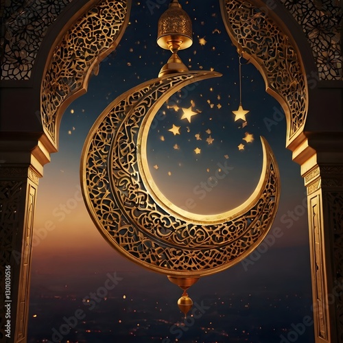 Islamic blue blank minimalist wallpaper, crescent big size in the middle, shining in gold , Ramadan the holy month, warm ambience, blessing