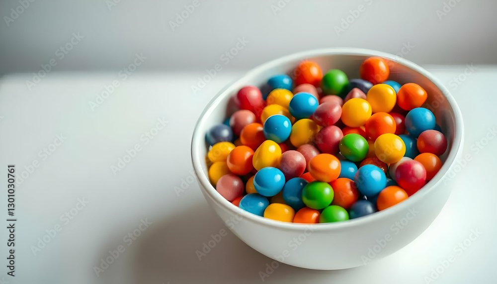 A white bowl full of colorful and sweet candies displayed A white bowl full of colorful and sweet candies displayed