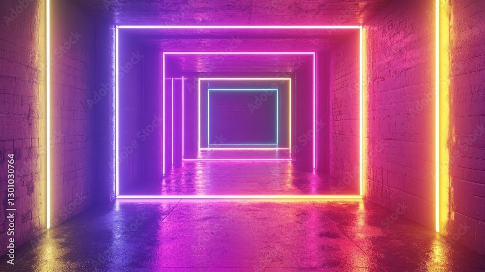 Colorful square neon lights create an illuminating tunnel effect Colorful square neon lights create an illuminating tunnel effect