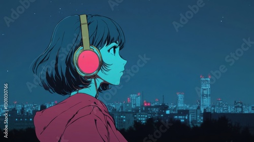 Vibrant urban portrait of a woman with headphones against a colorful city skyline at sunset, showcasing modern lifestyle and music culture, copy space for text
