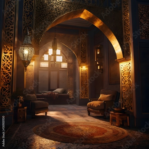 Islamic blue blank minimalist wallpaper, crescent big size in the middle, shining in gold , Ramadan the holy month, warm ambience, blessing