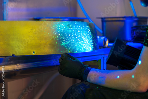 Industrial FPI testing showing fluorescent indications under blacklight examination. Non-destructive testing method revealing surface discontinuities with penetrant inspection